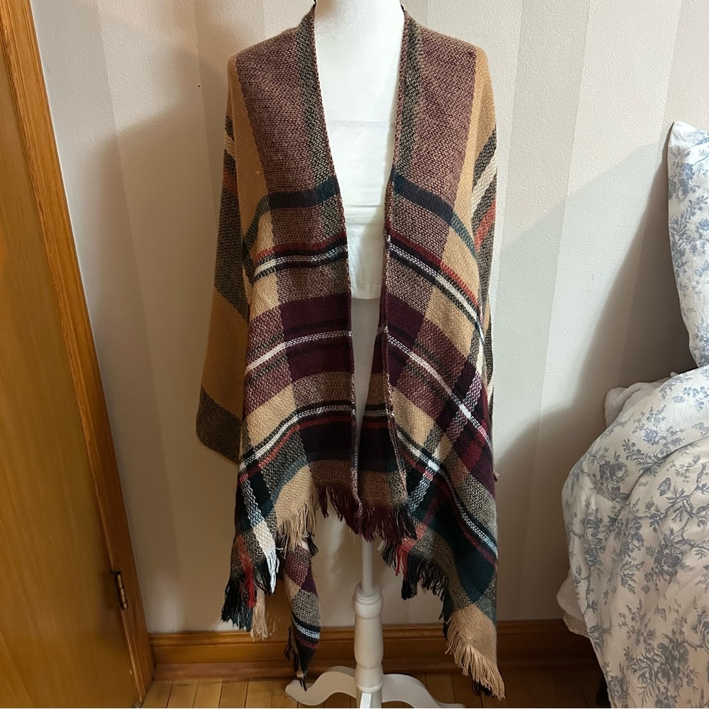 Plaid Fringe Shawl Wrap in Tan, Burgundy & Forest